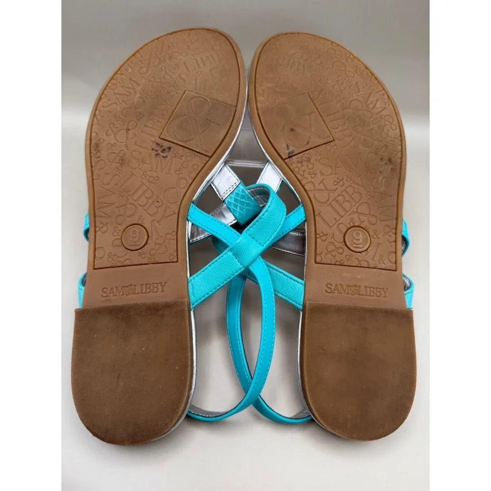 Sam & Libby Turquoise Teal Silver T-Strap Flat Sandals Size 9